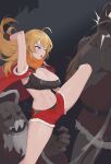  1girl 2boys ;o ahoge arm_up battle beard black_panties black_sports_bra blonde_hair breasts cleavage facial_hair fingerless_gloves floating_hair gloves high_kick highres kicking large_breasts looking_at_another monster multiple_boys navel one_eye_closed panties purple_eyes red_shorts red_vest rwby santa_costume sharp_teeth short_shorts shorts sports_bra stomach teeth thighs underwear v-shaped_eyebrows vest wangxiii yang_xiao_long zipper_pull_tab 