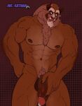 abs balls beard beast_(disney) beauty_and_the_beast bodily_fluids disney dripping facial_hair fangs genital_fluids genitals horn humanoid_genitalia humanoid_penis katmanmr looking_at_viewer male mammal monster nipples nude pecs penis precum precum_drip smile solo teeth vein veiny_penis