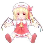 1girl back_bow blonde_hair bow brown_footwear chibi collared_shirt fang flandre_scarlet frilled_shirt_collar frilled_skirt frilled_sleeves frills full_body hair_between_eyes happy hat hat_bow hat_ribbon large_bow looking_at_viewer medium_hair mob_cap multicolored_wings one_side_up open_mouth puffy_short_sleeves puffy_sleeves red_bow red_eyes red_ribbon ribbon ribbon-trimmed_headwear ribbon_trim shirt shoe_soles short_sleeves simple_background skin_fang skirt sleeve_ribbon socks solo touhou white_background white_bow white_shirt white_socks wings yukina_kurosaki 