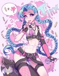  1girl blue_hair braid bullet candy heart jinx_(league_of_legends) kokotensho league_of_legends pink_eyes solo tattoo twin_braids 