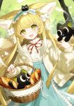  1girl :d absurdres animal animal_ears arknights baguette basket black_cat blonde_hair blue_hairband blue_skirt bread cat commentary_request crossover extra_ears food fox_ears fox_girl fox_tail frilled_hairband frills green_eyes hairband hands_up heixiu high-waist_skirt highres holding holding_basket ilangasa jacket kitsune long_hair long_sleeves looking_at_viewer luo_xiaohei luo_xiaohei_(cat) luo_xiaohei_zhanji multicolored_hair neck_ribbon official_alternate_costume on_head open_clothes open_jacket puffy_long_sleeves puffy_sleeves red_ribbon revision ribbon shirt skirt smile suzuran_(arknights) suzuran_(spring_praise)_(arknights) tail two-tone_hair very_long_hair white_hair white_jacket white_shirt 