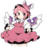  1girl animal_ears bird_ears bird_wings blush brown_headwear clothes_lift commentary_request cowboy_shot dress expressionless frilled_dress frilled_sleeves frills grey_eyes hat ini_(inunabe00) long_sleeves looking_to_the_side mystia_lorelei pink_hair purple_hair short_hair simple_background solo touhou white_background white_wings winged_hat wings 