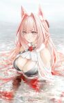  1girl arknights bare_shoulders blush breasts cleavage commentary_request hair_intakes highres large_breasts long_hair partially_submerged pink_eyes pink_hair pozyomka_(arknights) solo upper_body very_long_hair water yokaze_(yokajie) 