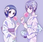  absurdres blunt_bangs blush candy candy_apple floral_print flower food hair_flower hair_ornament highres holding holding_candy holding_food idolmaster idolmaster_cinderella_girls japanese_clothes kanipoposu kimono looking_at_viewer obi okazaki_yasuha otokura_yuuki purple_background sash short_hair simple_background smile yukata 