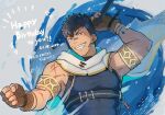  1boy 1gmizz armlet bandaid bandaid_on_face bandaid_on_nose bara black_hair blue_hair brown_eyes brown_gloves cape crave_saga dated earrings fingerless_gloves gae_bolg_(crave_saga) gloves grin happy_birthday holding holding_polearm holding_weapon hydrokinesis jewelry large_pectorals looking_at_viewer male_focus multicolored_hair muscular muscular_male pectorals polearm scar scar_on_arm scar_on_cheek scar_on_face sharp_teeth short_hair sleeveless smile solo streaked_hair teeth two-tone_hair upper_body water weapon white_cape 