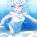  air_bubble barefoot blue_background blue_eyes breath bubble cleavage_cutout fate/apocrypha fate_(series) freediving full_body green_eyes hikizan holding_breath jack_the_ripper_(fate/apocrypha) lips looking_at_viewer one-piece_swimsuit scar short_hair shoulder_tattoo silver_hair smile solo swimming swimsuit tattoo tsurime underwater white_swimsuit 