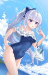  1girl absurdres bare_arms bare_legs bare_shoulders blue_archive blue_halo blue_one-piece_swimsuit blush breasts cellphone covered_navel cowboy_shot frilled_one-piece_swimsuit frills grey_hair halo highres holding holding_phone long_hair lu_b medium_breasts miyako_(blue_archive) miyako_(swimsuit)_(blue_archive) off-shoulder_one-piece_swimsuit off_shoulder official_alternate_costume one-piece_swimsuit open_mouth phone ponytail purple_eyes smartphone solo swimsuit wet wet_clothes wet_swimsuit 