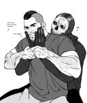  2boys arm_hair bara bonjourdraws call_of_duty call_of_duty:_modern_warfare_2 closed_mouth english_text facial_hair ghost_(modern_warfare_2) gloves greyscale hands_on_another&#039;s_face highres jacket looking_at_another male_focus mask monochrome multiple_boys muscular muscular_male pants shirt short_hair simple_background skull_mask soap_(modern_warfare_2) yaoi 