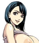  blue_hair breasts brown_eyes huge_breasts looking_at_viewer nipples open_clothes piero short_hair smile solo 