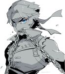  1boy arm_belt biting blue_eyes castlevania_(series) chain coat collarbone from_side headband kotorai looking_at_viewer male_focus monochrome richter_belmont short_hair signature simple_background solo spot_color upper_body v-shaped_eyebrows 