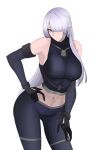  1girl ak-15_(girls&#039;_frontline) black_pants breasts cowboy_shot girls&#039;_frontline grey_hair hair_over_one_eye hand_on_own_hip highres long_hair looking_at_viewer midriff navel pants parted_lips purple_eyes solo swavigg white_background 