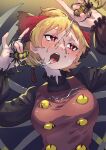  1girl blonde_hair blush breasts bright_pupils bug commentary_request gradient_background highres kurodani_yamame long_sleeves open_mouth red_eyes sexually_suggestive short_hair silk sobayu_to_tenpura solo_focus spider spider_web tongue tongue_out touhou upper_body white_pupils 