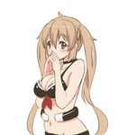  ahoge bare_shoulders bikini_top black_bikini_top black_ribbon blush breasts brown_eyes covering_mouth hair_ribbon kantai_collection large_breasts light_brown_hair long_hair looking_at_viewer murasame_(kantai_collection) navel ribbon simple_background solo tamu_(mad_works) twintails white_background 