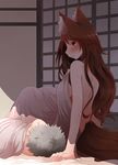  1girl age_difference animal_ears arano_oki arm_support back blush brown_hair closed_mouth commentary_request from_side imaizumi_kagerou long_hair nude profile red_eyes sitting sunlight sweat tail touhou under_covers wolf_ears wolf_girl wolf_tail 