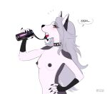 anthro bassenji beverage black_body black_fur blush breasts canid canid_demon canine canis collar collar_only demon female fur hellhound helluva_boss hi_res latex loona_(helluva_boss) mammal nude simple_background small_breasts solo white_body white_fur wolf