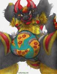 anthro canid canine canis clothing food huffaromas jockstrap looking_at_viewer male mammal musk pizza solo underwear wolf yagi_b._(artist)