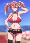  1girl absurdres armpit_crease azur_lane bare_shoulders beach belt bikini black_choker black_shorts black_wristband blue_sky blurry blurry_background blush breasts bremerton_(azur_lane) choker cleavage closed_mouth collarbone commentary day febicoron fingernails gold_bracelet grey_hair grey_thighhighs hair_between_eyes hand_on_own_hip hand_up highres huge_breasts lifebuoy lifebuoy_ornament long_hair looking_at_viewer multicolored_hair nail_polish navel navel_piercing ocean outdoors piercing pink_eyes pink_nails red_bikini red_hair sand shorts sky smile solo standing stomach swim_ring swimsuit thighhighs thighs tongue tongue_out twintails two-tone_hair white_belt wristband 