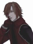  armor black_shirt blood blood_from_eyes blood_on_face blue_eyes brown_hair clenched_hand coat crisis_core_final_fantasy_vii d8j0j elbow_rest expressionless final_fantasy final_fantasy_vii genesis_rhapsodos gloves hair_over_one_eye hand_on_own_chin head_on_hand high_collar highres injury looking_to_the_side parted_lips pauldrons red_coat red_gloves shirt short_hair shoulder_armor white_background 