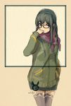  alternate_costume black_hair black_legwear glasses hand_in_pocket highres kantai_collection okerabi_asura ooyodo_(kantai_collection) scarf sketch solo sweater tan_background thighhighs thighs 