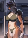 abs absurd_res amber_eyes anthro athletic athletic_female bodily_fluids breasts canid canine canis cleavage clothed clothing exercise female gekko-seishin grizzlygus gym gym_clothing hi_res mammal police policewoman sierra_howlett solo sweat weightlifting wolf workout