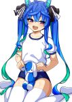  1girl ahoge animal_ears ao_(user_xcnx5328) aqua_hair black_ribbon blue_hair buruma commentary_request gym_shirt gym_uniform hair_ribbon half-closed_eyes holding holding_stuffed_toy horse_ears horse_girl korean_commentary long_hair looking_at_viewer multicolored_hair no_shoes open_mouth purple_eyes ribbon sharp_teeth shirt short_sleeves sidelocks simple_background smile solo stuffed_animal stuffed_rabbit stuffed_toy t-shirt teeth thighhighs twin_turbo_(umamusume) twintails two-tone_hair umamusume very_long_hair white_background white_thighhighs 