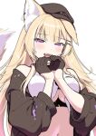  1girl :d absurdres animal_ear_fluff animal_ears black_gloves black_headwear black_jacket blonde_hair blurry blush braid breasts crop_top depth_of_field ear_down ear_piercing fox_ears fox_girl fox_tail glint gloves guild_cq hair_ornament hairclip half-closed_eyes half_gloves hands_up hat heart heart_hands highres jacket large_breasts light_particles linked_piercing long_hair mada_tetsukazu matori_kakeru midriff multicolored_hair navel off_shoulder open_clothes open_jacket open_mouth piercing purple_eyes side_braid simple_background smile solo streaked_hair tail underboob upper_body virtual_youtuber white_background white_hair x_hair_ornament 