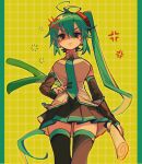  1girl anger_vein asymmetrical_hair black_skirt black_thighhighs blue_eyes blue_hair blue_nails blue_necktie green_background grid_background hatsune_miku highres long_hair necktie shirt skirt sleeveless sleeveless_shirt solo spring_onion suuroku thighhighs thighs very_long_hair vocaloid white_shirt 