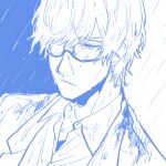  1boy a_nzi_end bleach blue_theme close-up closed_mouth collared_shirt dutch_angle glasses hair_between_eyes highres ishida_ryuuken light_frown looking_down monochrome rain shirt undershirt upper_body wet wet_clothes wet_eyewear wet_face wet_hair 