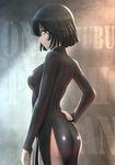  arm_at_side ass backlighting bangs black_hair breasts copyright_name cowboy_shot dress from_behind fubuki_(one-punch_man) green_eyes hand_on_hip highres long_sleeves looking_back medium_breasts no_panties one-punch_man profile serious short_hair side_slit siraha solo thighs 