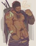  1boy abs bandaid bandaid_on_arm bandaid_on_chest bara bare_pectorals beard black_male_underwear black_nails black_pants brown_hair brown_jacket chest_hair clothes_pull erection facial_hair highres holo_eden jacket joel_(the_last_of_us) large_pectorals male_focus male_pubic_hair male_underwear male_underwear_pull muscular muscular_male navel nipples open_clothes open_jacket pants pants_pull pectorals penis pubic_hair short_hair solo testicles the_last_of_us underwear watch wristwatch 