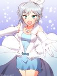  anastasia_(idolmaster) blue_dress collarbone dress elbow_gloves eyebrows eyebrows_visible_through_hair gloves green_eyes idolmaster idolmaster_cinderella_girls jewelry looking_at_viewer necklace ookami_maito open_mouth pure_white_memories short_hair silver_hair solo twitter_username white_gloves 