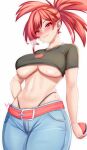  1girl anisdrawn belt belt_buckle black_shirt blush breasts buckle cropped_shirt denim flannery_(pokemon) heavy_breathing high_ponytail highleg highleg_panties highres holding holding_poke_ball jeans large_breasts long_hair looking_at_viewer navel panties pants panty_peek poke_ball pokemon pokemon_oras red_belt red_eyes red_hair shirt shirt_overhang smile solo sweat underboob underwear white_background 