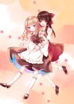  2girls apron ascot bare_shoulders black_footwear black_skirt black_vest blonde_hair blue_eyes bow brown_hair cacao_(cacaomgmg) detached_sleeves frilled_apron frilled_hair_tubes frills full_body hair_bow hair_tubes hakurei_reimu highres hug hug_from_behind kirisame_marisa kneehighs mary_janes multiple_girls no_headwear puffy_short_sleeves puffy_sleeves red_bow red_eyes red_shirt red_skirt shirt shoes short_sleeves simple_background skirt sleeve_ribbon sleeveless sleeveless_shirt socks touhou vest waist_apron white_apron white_shirt white_socks yellow_ascot yellow_background 