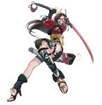  1girl alternate_costume armor attack black_panties breasts brown_eyes brown_hair commission cosplay fire_emblem fire_emblem_fates flower full_body gauss_&lt;bokashi gloves hair_flower hair_ornament hair_over_one_eye high_heels highres holding holding_sword holding_weapon japanese_clothes kagero_(fire_emblem) large_breasts leg_armor long_hair ninja open_mouth panties pantyshot ponytail side-tie_panties side_slit skeb_commission skirt solo sword thigh_strap underwear weapon white_background 
