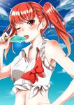  bow bowtie earrings eyebrows eyebrows_visible_through_hair food hair_ornament hand_on_hip ice_cream jewelry kyoubashi_amane long_hair looking_at_viewer murabito_c navel one_eye_closed red_bow red_eyes red_hair school_girl_strikers shirt solo tied_shirt tongue tongue_out twintails upper_body white_shirt 