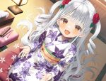  1girl :d asa_no_ha_(awayuki) botan_(mimikaki_rifure) cushion dutch_angle flower grey_hair hair_flower hair_ornament highres indoors japanese_clothes kimono lantern long_hair looking_at_viewer mimikaki mimikaki_rifure obi sash seiza sitting smile solo tatami tissue_box very_long_hair yellow_eyes yukata 