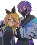  1boy 1girl adjusting_eyewear belt blonde_hair blue_eyes blue_hair bow glasses gloves grin hair_bow hair_ornament hand_in_pocket hand_on_own_face highres jacket kagamine_rin kamishiro_rui long_hair long_sleeves looking_at_viewer mask mirumiru_(miru36i) mouth_mask multicolored_hair off_shoulder orange-tinted_eyewear project_sekai purple_hair round_eyewear short_hair smile streaked_hair tinted_eyewear vocaloid yellow_eyes 