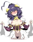  1girl ahoge biting_hair blush breastless_clothes breasts corset female_pubic_hair fold-over_gloves forward_facing_horns highres hiiragi_utena horns magia_baiser mahou_shoujo_ni_akogarete mismatched_pubic_hair navel no_bra no_panties open_mouth pubic_hair purple_corset revealing_clothes shitagani simple_background solo star_(symbol) symbol-shaped_pupils white_background wings yellow_eyes yellow_horns 