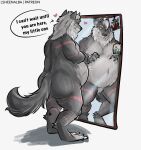 anthro belly big_belly brianogrowler_(character) canid canine canis digital_media_(artwork) expecting hi_res lsheena male mammal nude pregnant pregnant_male simple_background smile solo solo_focus tail wolf