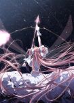  1girl arrow_(projectile) back_turned bow comet dress gloves hair_bow highres holding holding_arrow kaname_madoka long_hair mahou_shoujo_madoka_magica mahou_shoujo_madoka_magica:_hangyaku_no_monogatari misteor night night_sky pink_hair sky solo star_(sky) ultimate_madoka very_long_hair white_dress white_gloves 