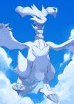  blue_eyes claws closed_mouth cloud commentary day frown highres kou11021301 looking_down no_humans outdoors pokemon pokemon_(creature) reshiram solo symbol-only_commentary white_fur 