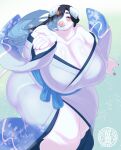 absurd_res anthro artist_logo asian_clothing big_breasts black_hair blue_clothing blue_eyes blue_hair blue_kimono blue_lips blue_nails breasts cleavage clothed clothing colored_nails curvy_figure domestic_pig ears_down east_asian_clothing female fingernails fur hair hair_over_eye half-closed_eyes hi_res huge_breasts japanese_clothing kimono lips logo looking_at_viewer mammal nails narrowed_eyes one_eye_obstructed pink_nose pivoted_ears sasanoha6011 smile solo suid suina sus_(pig) thick_thighs voluptuous white_body white_fur wide_hips