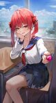  1girl breasts candy chair classroom cleavage desk elbow_rest food heterochromia highres holding holding_candy holding_food holding_lollipop hololive houshou_marine incoming_food lollipop medium_breasts miniskirt neckerchief notebook open_mouth pleated_skirt red_eyes red_hair red_neckerchief school_chair school_uniform serafuku shirt_tucked_in shuvi_(shuvi1125) skirt solo thighs virtual_youtuber window yellow_eyes 