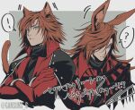  ! 1boy ? animal_ears armor black_shirt blue_eyes brown_hair cat_boy cat_ears cat_tail chest_strap claws coat commentary crisis_core_final_fantasy_vii cropped_torso crossed_arms dangle_earrings dirge_of_cerberus_final_fantasy_vii ear_piercing ear_wiggle earrings final_fantasy final_fantasy_vii genesis_rhapsodos grey_background highres jewelry leaning_forward long_hair male_focus medium_hair multiple_views official_alternate_costume official_alternate_hair_length official_alternate_hairstyle open_clothes open_coat pauldrons piercing rabbit_boy rabbit_ears red_coat roku_(gansuns) shirt shoulder_armor slit_pupils speech_bubble tail translation_request turtleneck_shirt twitter_username upper_body 