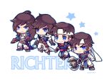  1boy age_progression axe belt black_gloves blue_coat blue_eyes brown_belt brown_gloves brown_hair castlevania_(series) character_name chibi coat gloves holding holding_axe holding_whip kotorai long_hair male_focus multiple_belts no_nose pants richter_belmont short_hair signature single_glove smile star_(symbol) white_background white_pants 