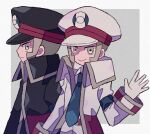  2boys belt black_coat black_headwear blue_necktie brothers coat commentary_request emmet_(pokemon) from_side gloves grey_background grey_eyes grey_hair hand_up hat high_collar ingo_(pokemon) looking_at_viewer male_focus mgomurainu multiple_boys necktie pants pokemon pokemon_bw pokemon_bw2 red_belt serious siblings sidelocks simple_background sleeve_cuffs smile twins upper_body waving white_coat white_gloves white_headwear white_pants 
