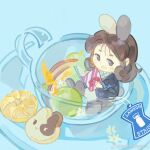  1girl animal-themed_food animal_ears animal_feet apple apple_slice aqua_shirt black_jacket black_sleeves blazer blue_background blush_stickers book brown_eyes brown_hair chibi chinese_commentary collared_shirt commentary_request cookie cup curly_hair daisy eyelashes flower food fruit grapes holding holding_book in_container in_cup jacket long_sleeves looking_at_object medium_hair open_book open_clothes open_jacket open_mouth original pocket rabbit_ears reading saucer shirt simple_background siren_(jzy601306223) smile solo teabag teacup watermark weibo_logo weibo_username white_flower 