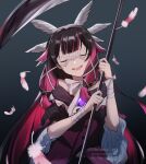  1girl alternate_costume black_hair bow bowtie columbina_(genshin_impact) dark_background dress english_commentary eye_mask facing_viewer falling_feathers genshin_impact hair_ornament highres holding holding_scythe lihito_kamizawa medium_hair multicolored_hair open_mouth pink_hair purple_dress scythe simple_background smile solo streaked_hair teeth twitter_username two-tone_hair upper_body upper_teeth_only white_bow white_bowtie white_mask wide_sleeves wing_hair_ornament wrist_bow wrist_wrap x_hair_ornament 
