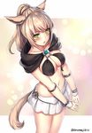  animal_ears armlet aruma_jiki bangs bikini_top blurry bokeh breasts brown_hair capelet cat_ears cat_tail collarbone cowboy_shot depth_of_field eyebrows eyebrows_visible_through_hair final_fantasy final_fantasy_xiv green_eyes high_ponytail looking_at_viewer looking_up medium_breasts midriff miniskirt miqo'te navel skirt solo stomach tail twitter_username v_arms whisker_markings white_skirt wrist_cuffs 