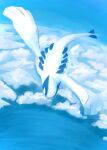  above_clouds animal_focus black_eyes blue_background blue_sky blue_theme butter_(oshi8kyoumoh) cloud commentary_request day flying from_above full_body highres lugia monochrome no_humans outdoors pokemon pokemon_(creature) sky solo 